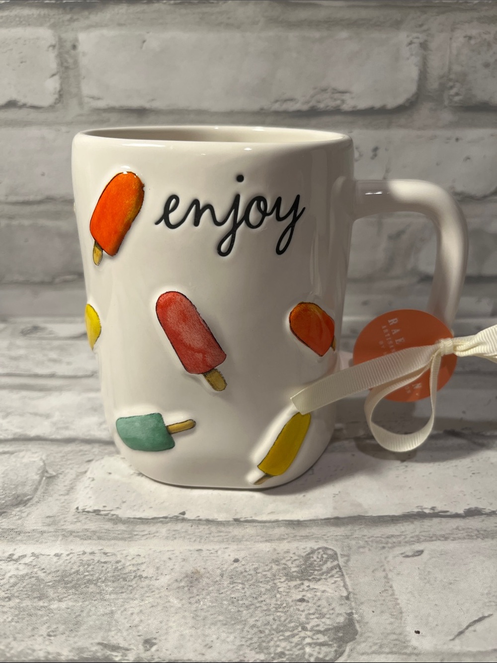 Rae Dunn White Ceramic 'Enjoy' Popsicle coffee Mug  Multicolor Accents 16 Oz